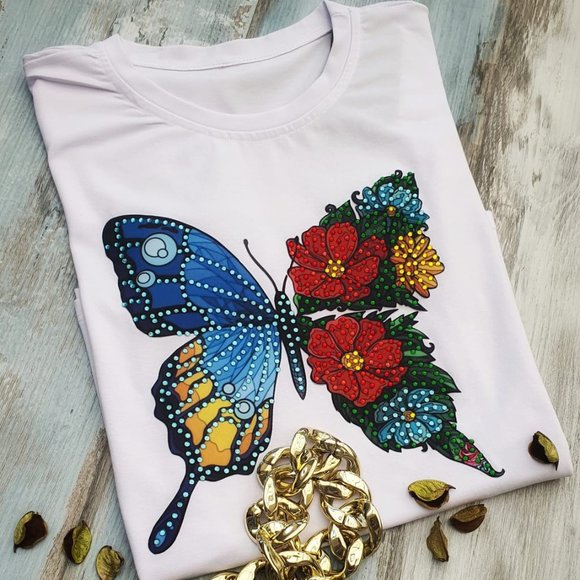 Butterfly, HANDMADE, Ladies Tee, Bling T-Shirt, Rhinestone, Perfect Gift. - Picture 1 of 4
